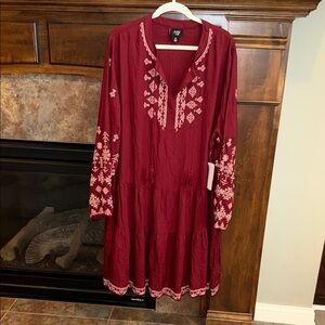 June + Vie maroon long sleeve embroidered Coraline dress boho western peasant 1X